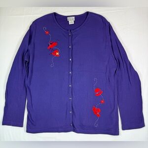 P.G.B. Vintage 80s-90s Red Hat Society Purple Appliqué Embroidered Cardigan L‎
